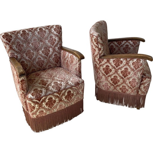 Pair of vintage pink flocked armchairs in teak, Denmark 1960