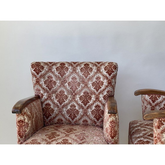 Image 1 of Pair of vintage pink flocked armchairs in teak, Denmark 1960