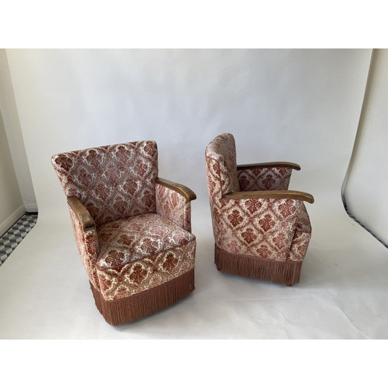 Image 1 of Pair of vintage pink flocked armchairs in teak, Denmark 1960