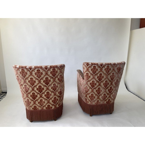 Image 1 of Pair of vintage pink flocked armchairs in teak, Denmark 1960
