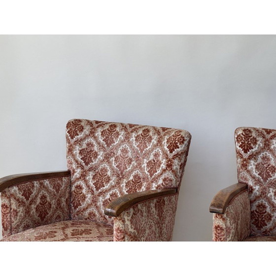 Image 1 of Pair of vintage pink flocked armchairs in teak, Denmark 1960