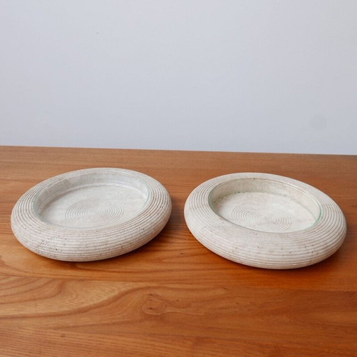 Pair of vintage travertine and glass bowls, Italy 1970
