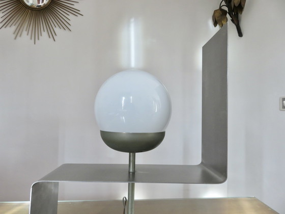 Image 1 of Large "Uginox" Folded Steel And White Opaline Lamp From the '70s