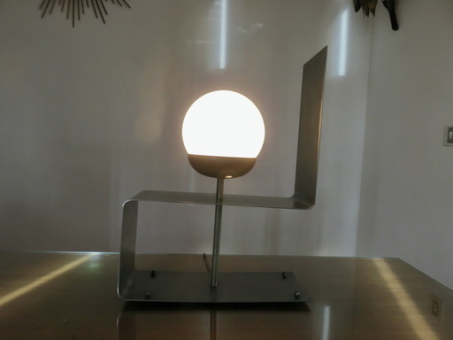 Large "Uginox" Folded Steel And White Opaline Lamp From the '70s