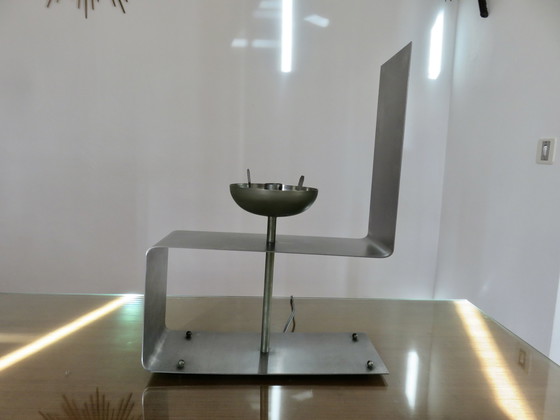 Image 1 of Large "Uginox" Folded Steel And White Opaline Lamp From the '70s