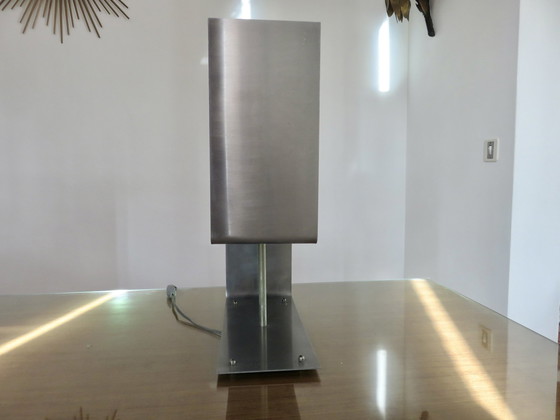 Image 1 of Large "Uginox" Folded Steel And White Opaline Lamp From the '70s