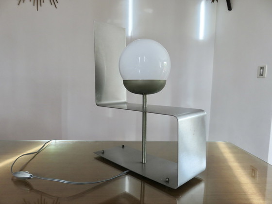 Image 1 of Large "Uginox" Folded Steel And White Opaline Lamp From the '70s