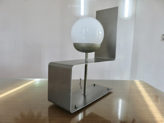 Image 1 of Large "Uginox" Folded Steel And White Opaline Lamp From the '70s