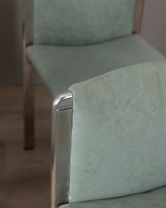Image 1 of Set Of 4 Vintage 70S Chairs In Metal And Turquoise Fabric Italian Design 
