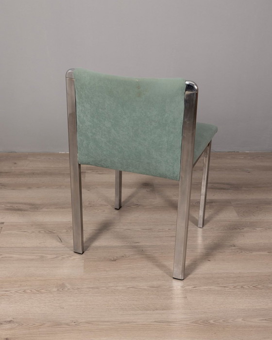 Image 1 of Set Of 4 Vintage 70S Chairs In Metal And Turquoise Fabric Italian Design 