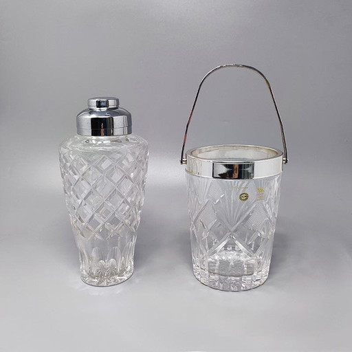 1960S Gorgeous Cut Crystal Cocktail Shaker With Ice Bucket Made In Italy