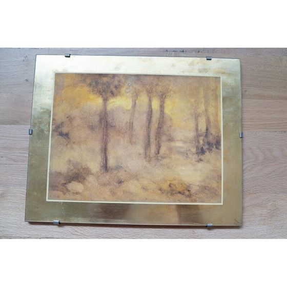 Image 1 of Pair of vintage watercolor and gold leaf prints in wood and glass, 1980