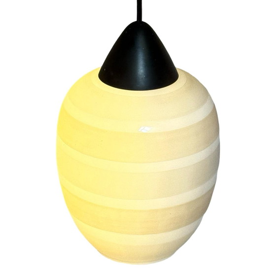 Image 1 of Lampadario vintage Mcm anni '50 - Vetro bianco satinato/semitraslucido e parte superiore nera - Attr. Louis Kalff / Phillips