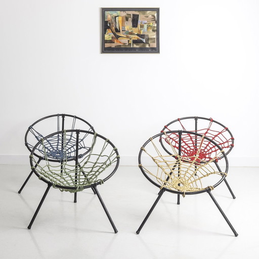 Lot De 4 Chaises Toile D'Araignée Par Hoffer, 1958