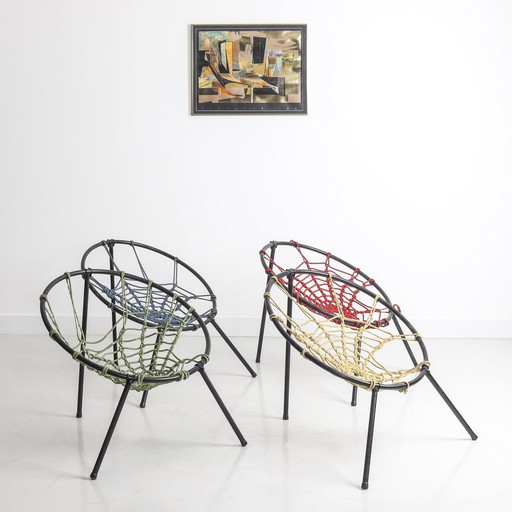 Lot De 4 Chaises Toile D'Araignée Par Hoffer, 1958