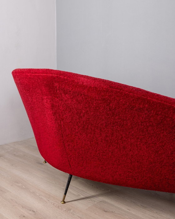 Image 1 of Large 1950S Vintage Curved Sofa In Red Velvet Italian Design 