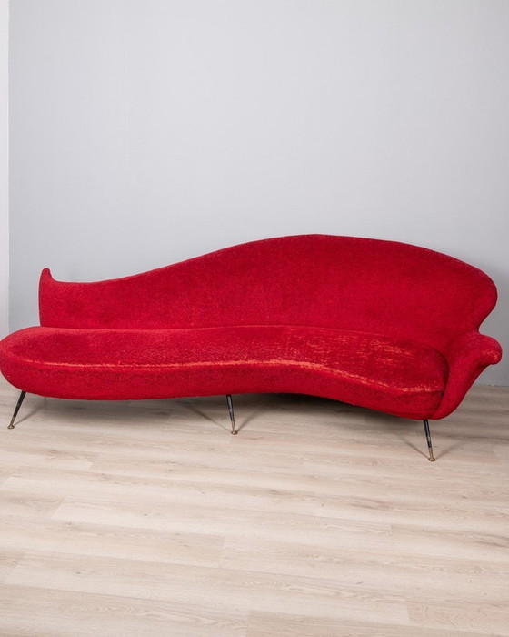 Image 1 of Large 1950S Vintage Curved Sofa In Red Velvet Italian Design 