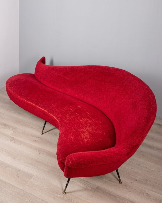 Image 1 of Large 1950S Vintage Curved Sofa In Red Velvet Italian Design 