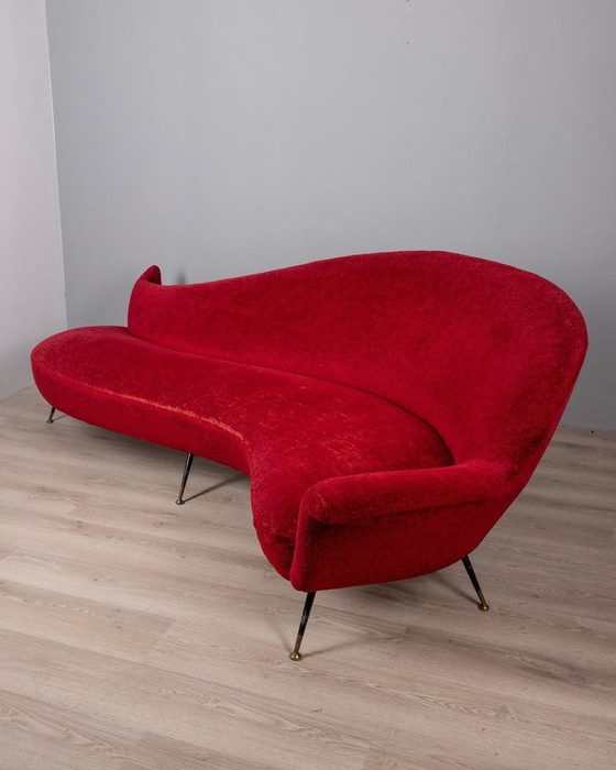 Image 1 of Large 1950S Vintage Curved Sofa In Red Velvet Italian Design 