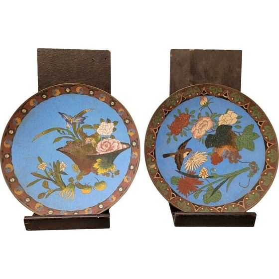 Image 1 of Pair of vintage plates in cloisonné enamel on metal, Japan
