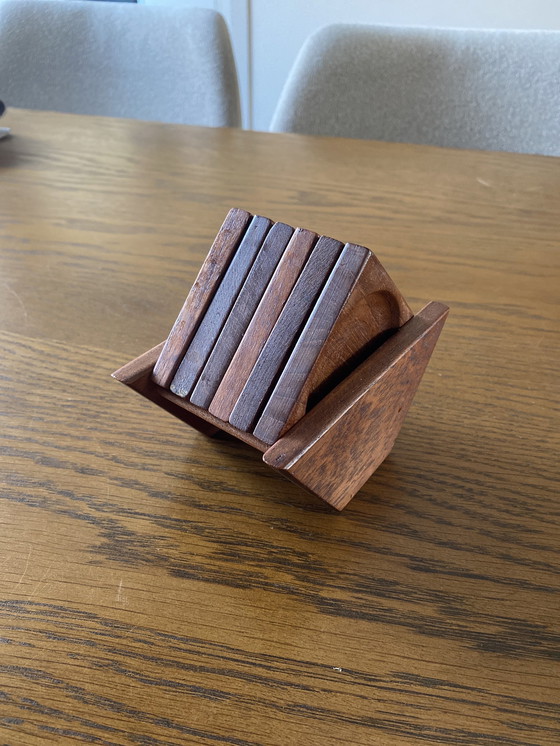 Image 1 of 6 Teak Coasters In Holder 1960s