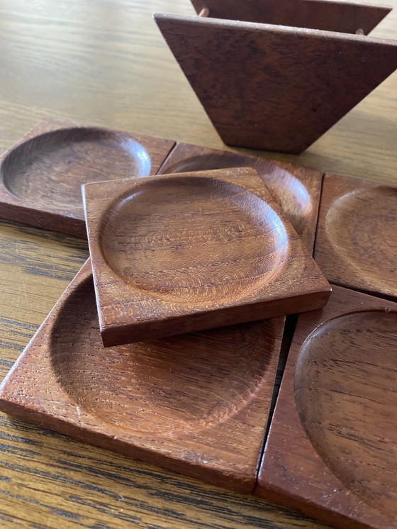 Image 1 of 6 Teak Coasters In Holder 1960s