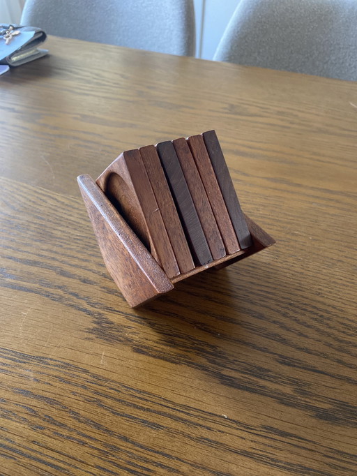 6 Teak Coasters In Holder 1960s