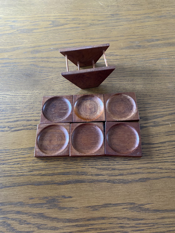 Image 1 of 6 Teak Coasters In Holder 1960s