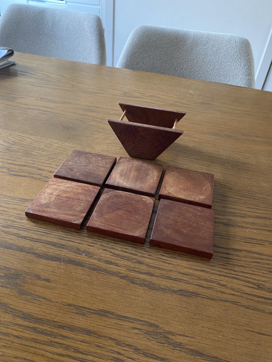 Image 1 of 6 Teak Coasters In Holder 1960s