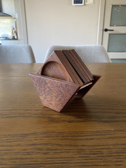 6 Teak Coasters In Holder 1960s