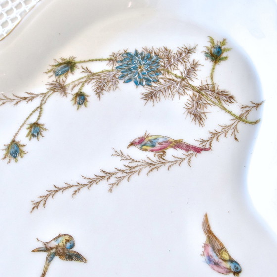 Image 1 of Rare Large Porcelain Earthenware Polychrome Tray Decorated with Birds