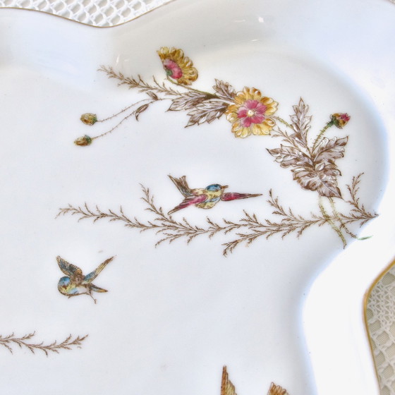 Image 1 of Rare Large Porcelain Earthenware Polychrome Tray Decorated with Birds