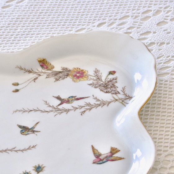 Image 1 of Rare Large Porcelain Earthenware Polychrome Tray Decorated with Birds