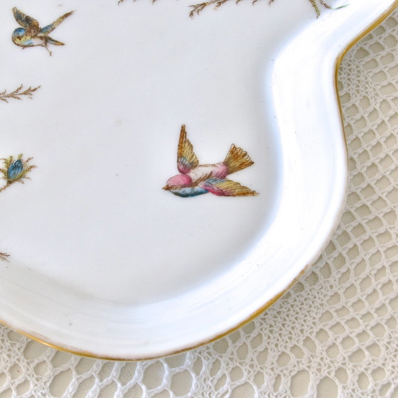 Image 1 of Rare Large Porcelain Earthenware Polychrome Tray Decorated with Birds