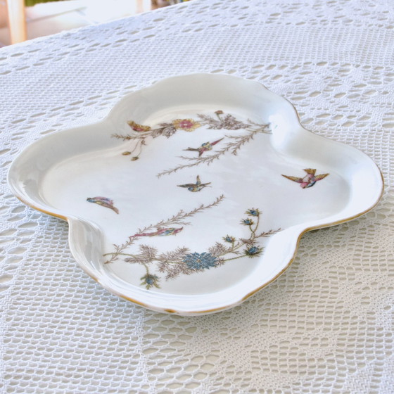 Image 1 of Rare Large Porcelain Earthenware Polychrome Tray Decorated with Birds