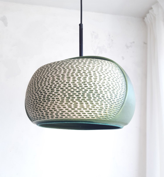 Image 1 of Lampada a sospensione vintage in ceramica verde e terracotta, stile Fat Lava della Germania Ovest, Ceramica, Terraglia