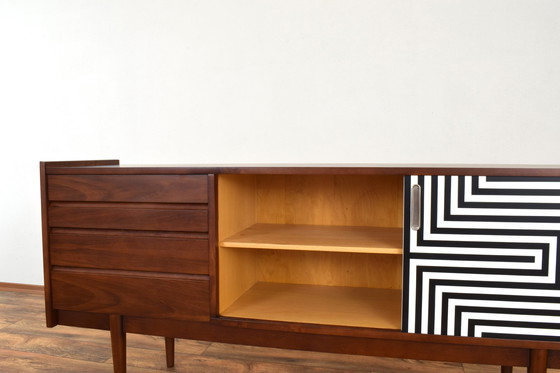 Image 1 of Mid-Century Op-Art Hand-Painted Walnut Sideboard From Bytomskie Fabryki Mebli, 1960S.