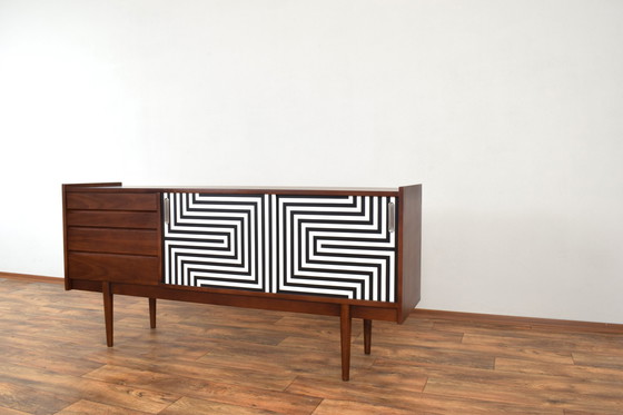 Image 1 of Mid-Century Op-Art Hand-Painted Walnut Sideboard From Bytomskie Fabryki Mebli, 1960S.