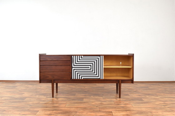 Image 1 of Mid-Century Op-Art Hand-Painted Walnut Sideboard From Bytomskie Fabryki Mebli, 1960S.