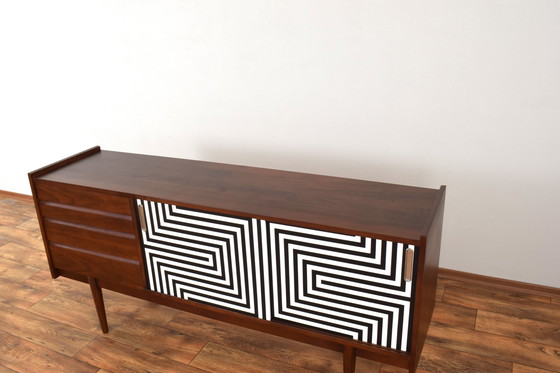 Image 1 of Mid-Century Op-Art Hand-Painted Walnut Sideboard From Bytomskie Fabryki Mebli, 1960S.