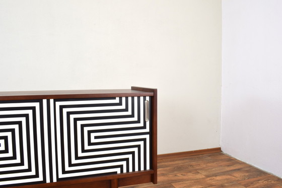 Image 1 of Mid-Century Op-Art Hand-Painted Walnut Sideboard From Bytomskie Fabryki Mebli, 1960S.