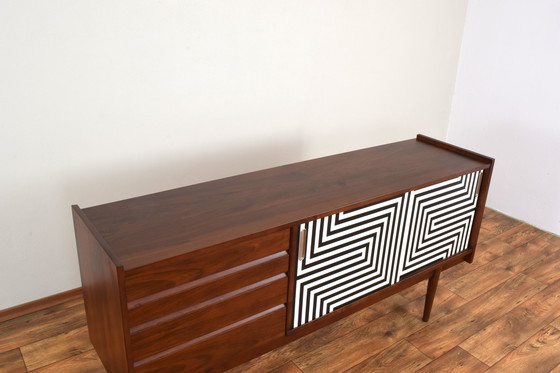 Image 1 of Mid-Century Op-Art Hand-Painted Walnut Sideboard From Bytomskie Fabryki Mebli, 1960S.