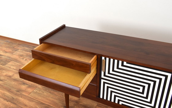 Image 1 of Mid-Century Op-Art Hand-Painted Walnut Sideboard From Bytomskie Fabryki Mebli, 1960S.