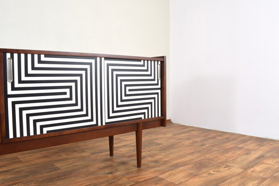 Image 1 of Mid-Century Op-Art Hand-Painted Walnut Sideboard From Bytomskie Fabryki Mebli, 1960S.