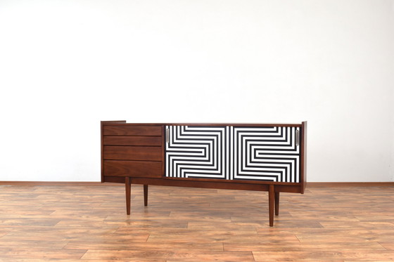 Image 1 of Mid-Century Op-Art Hand-Painted Walnut Sideboard From Bytomskie Fabryki Mebli, 1960S.