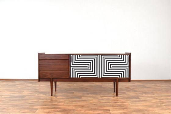 Image 1 of Mid-Century Op-Art Hand-Painted Walnut Sideboard From Bytomskie Fabryki Mebli, 1960S.