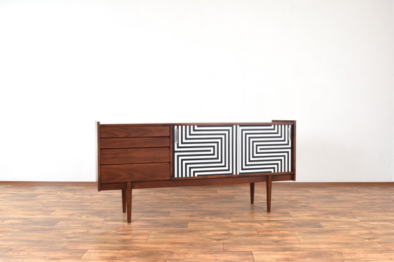 Image 1 of Mid-Century Op-Art Hand-Painted Walnut Sideboard From Bytomskie Fabryki Mebli, 1960S.