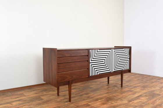 Image 1 of Mid-Century Op-Art Hand-Painted Walnut Sideboard From Bytomskie Fabryki Mebli, 1960S.