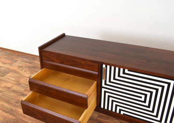 Image 1 of Mid-Century Op-Art Hand-Painted Walnut Sideboard From Bytomskie Fabryki Mebli, 1960S.