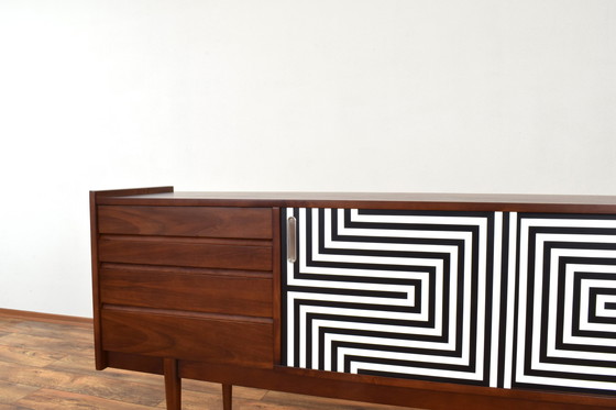 Image 1 of Mid-Century Op-Art Hand-Painted Walnut Sideboard From Bytomskie Fabryki Mebli, 1960S.